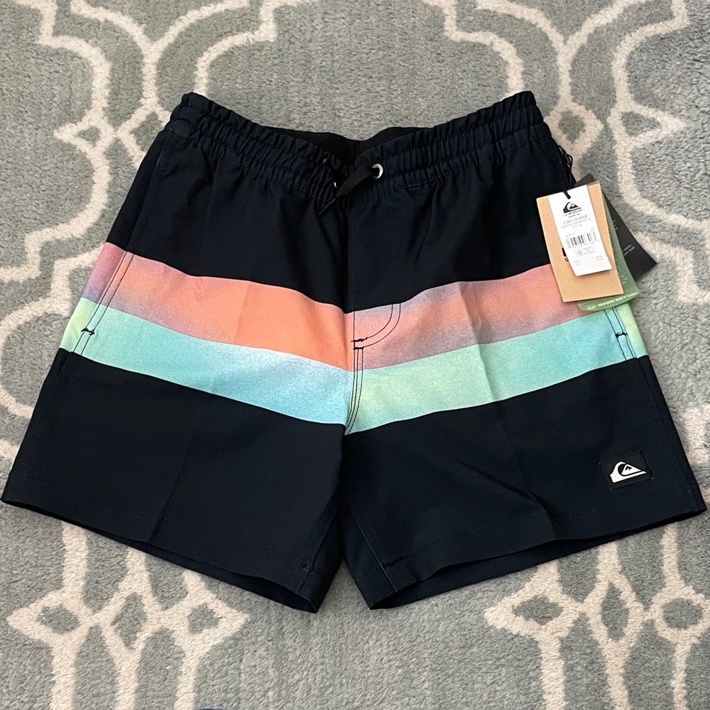 NWT Quiksilver Black Swim Shorts with Coral and Aqua Stripes